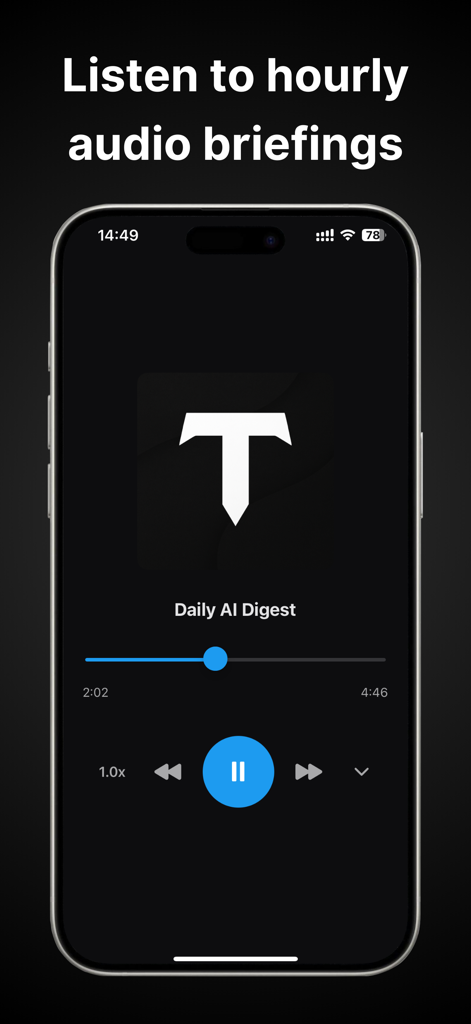 AI News: Tensor AI - Pantalla de la aplicación Tensor AI que muestra el reproductor de resumen de audio horario para noticias diarias de IA