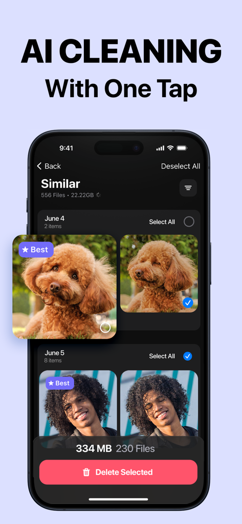 AI cleaning feature in the Cleaner Kit app showing similar photo removal