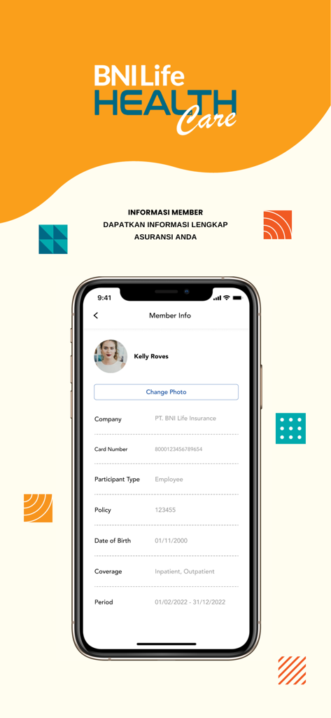 BNI Life Health Care 앱 화면에 회원 보험 세부 정보 및 보장 정보 표시