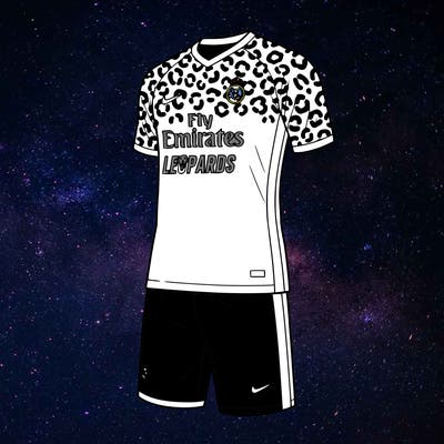 make a soccer goalkeeper jersey from a team called leopards and include the shorts. make the team sponser fly emirites and make a pattern on the jersey