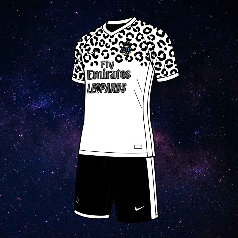 make a soccer goalkeeper jersey from a team called leopards and include the shorts. make the team sponser fly emirites and make a pattern on the jersey