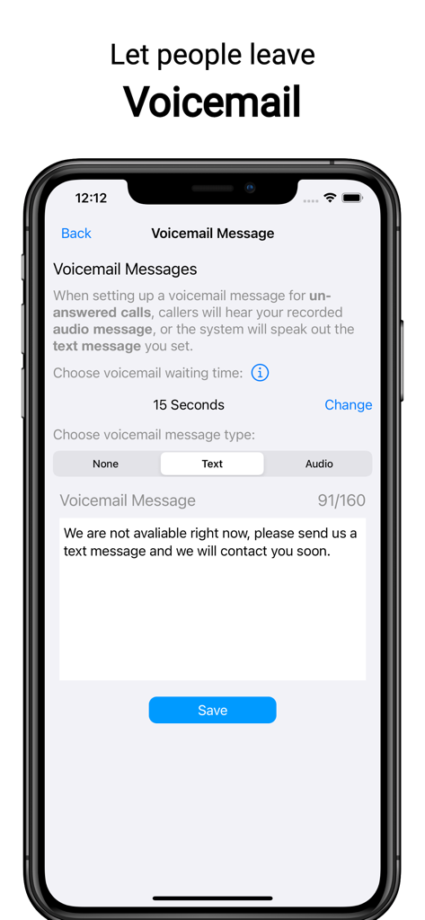Interface for setting up custom voicemail greetings and wait times in the MySecondLine app.