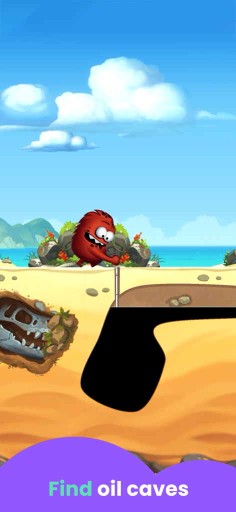 Party Games: for Kids - A red monster character drilling for oil on a beach with the text find oil caves
