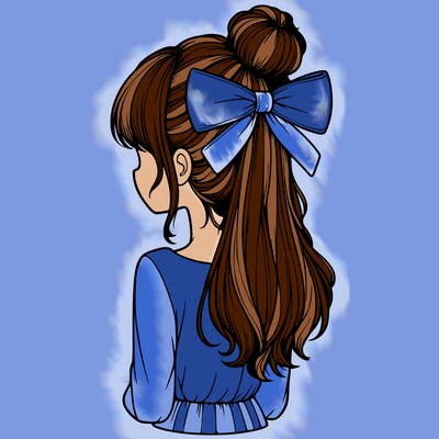 realistic girl  with hip length hair a bun and a big bow on the back of head