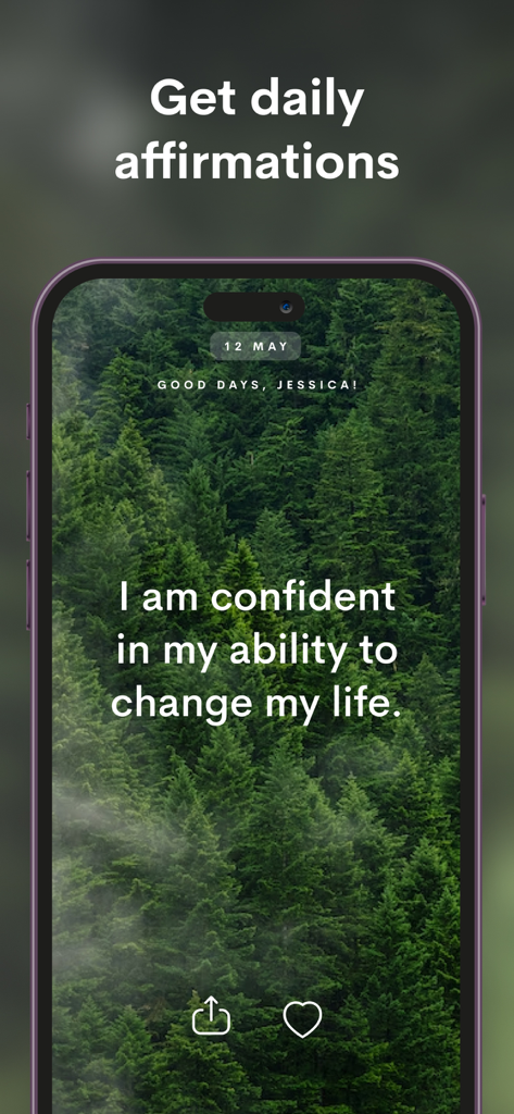 Manifest - Daily Affirmations - Pantalla de smartphone que muestra una afirmación positiva sobre un fondo de bosque de la aplicación Manifest.