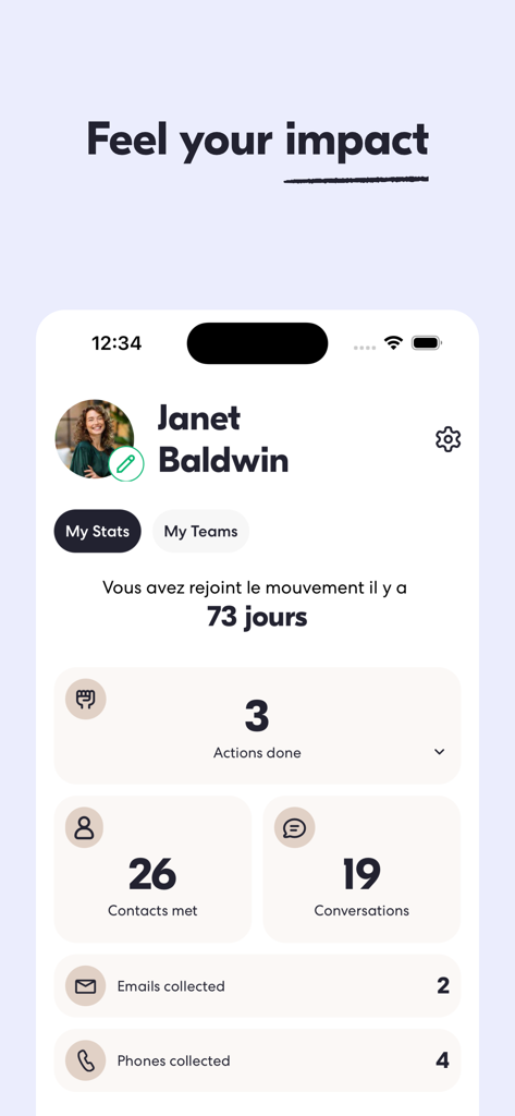 Qomon - Campaign, Volunteer - A volunteer profile dashboard in the Qomon app showing impact statistics like actions completed and contacts met