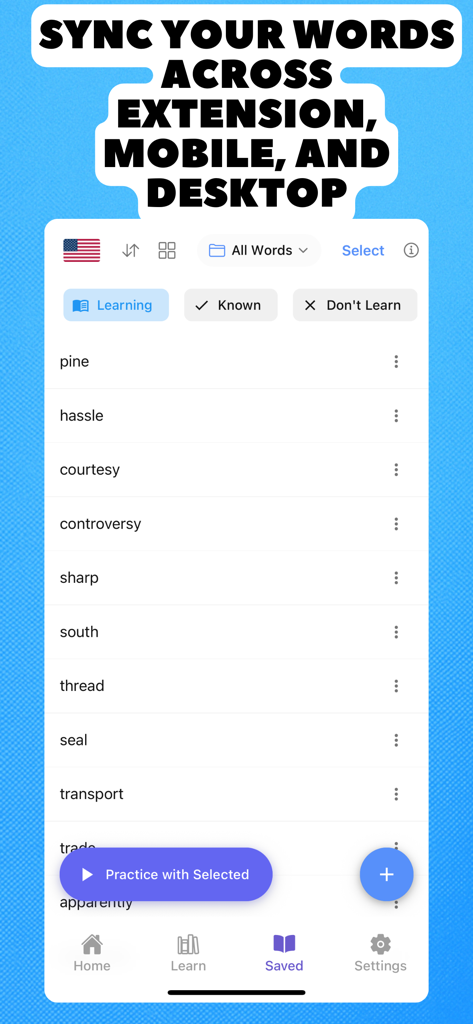 Lingosive - Learn With Videos - Interfaz de la aplicación móvil Lingosive mostrando una lista de palabras de vocabulario guardadas sincronizadas en las plataformas de extensión y escritorio