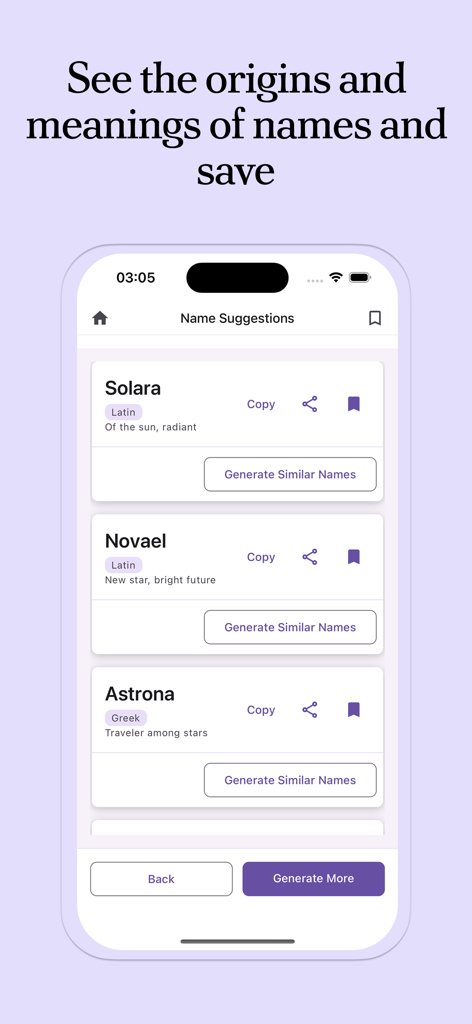 Name Generator: For Anything - Interfaz de aplicación móvil que muestra sugerencias de nombres con orígenes y significados