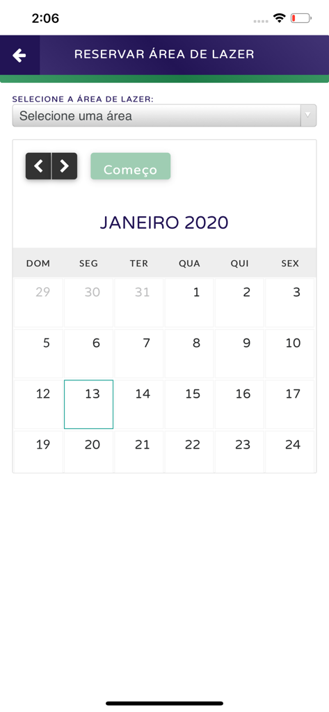 Interfaz de calendario para reservar áreas de ocio del edificio en la aplicación Garante Curitiba