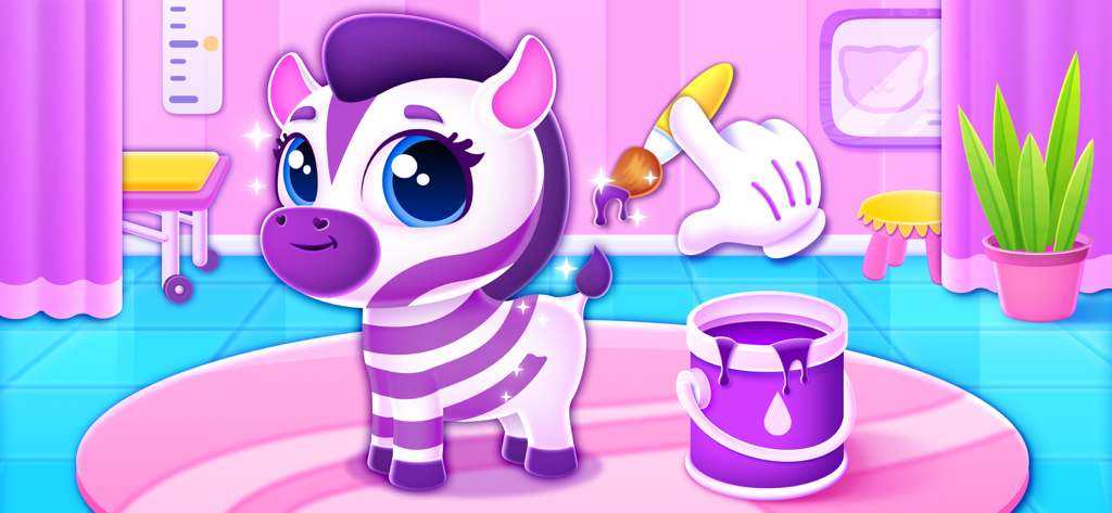 Animal Hospital — Baby Games - A cartoon zebra being painted purple in a veterinarian simulator mini game for toddlers.