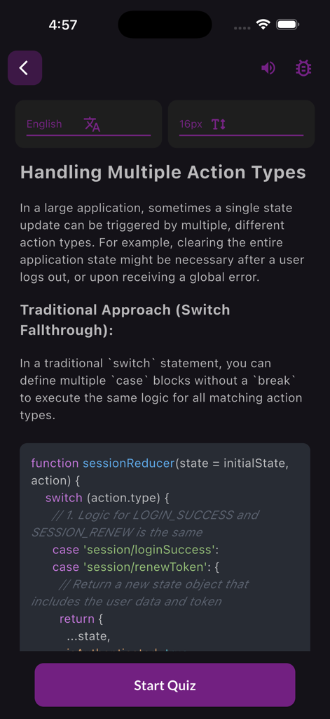 Learn Redux - A lesson screen from the Learn Redux app explaining how to handle multiple action types using a switch statement in a code example.