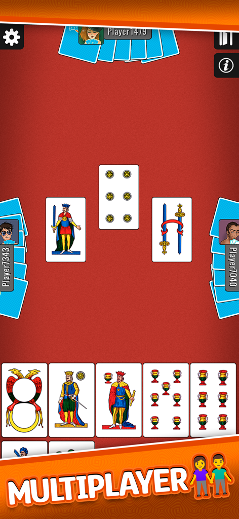 Tressette Più - Card Games - Multiplayer Tressette game interface showing four players and traditional Italian regional cards on a red table.