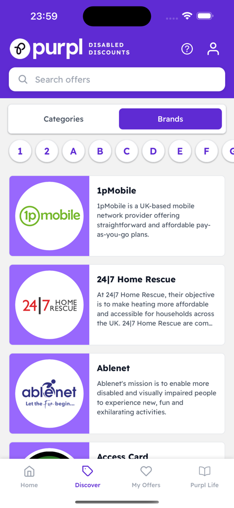 Purpl Discounts - A list of brands and discounts within the Purpl Discounts mobile app interface