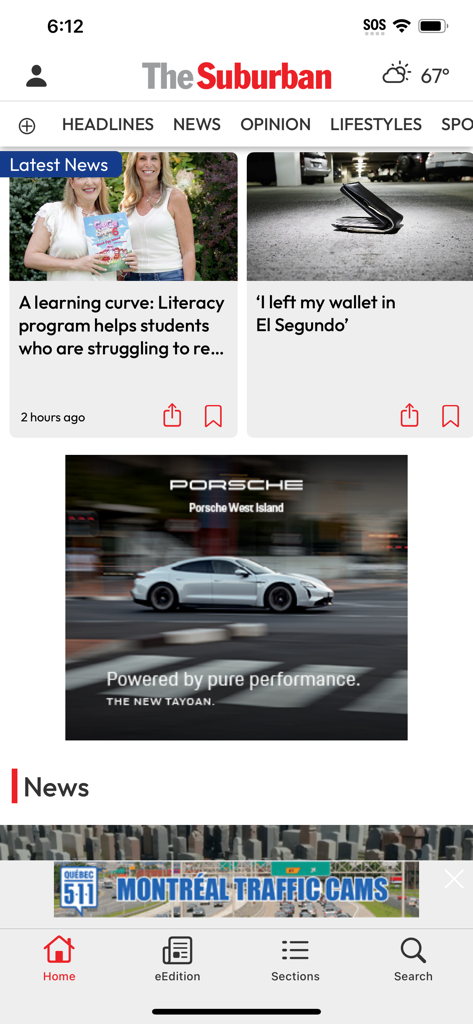 The Suburban Newspaper mobile app home screen showing local Montreal news headlines and categories