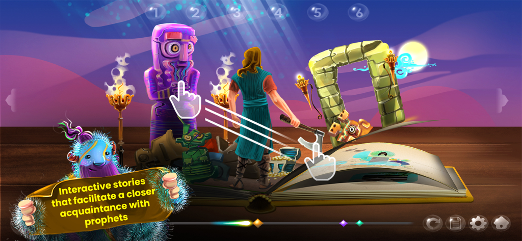 Interactive 3D pop-up book interface in the Quran Stories 4 Kids app featuring the story of Prophet Ibrahim.