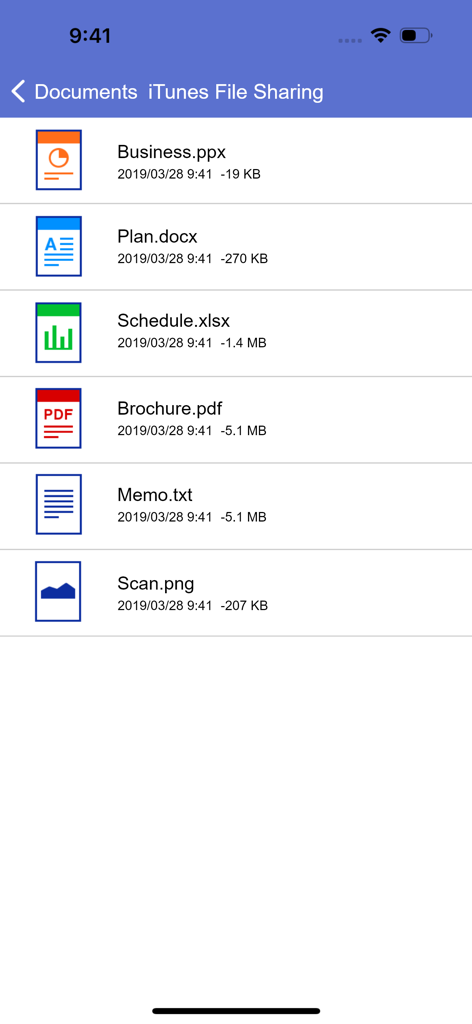 Lista de documentos no aplicativo Brother iPrint e Scan mostrando arquivos PDF, Word e Excel para impressão móvel
