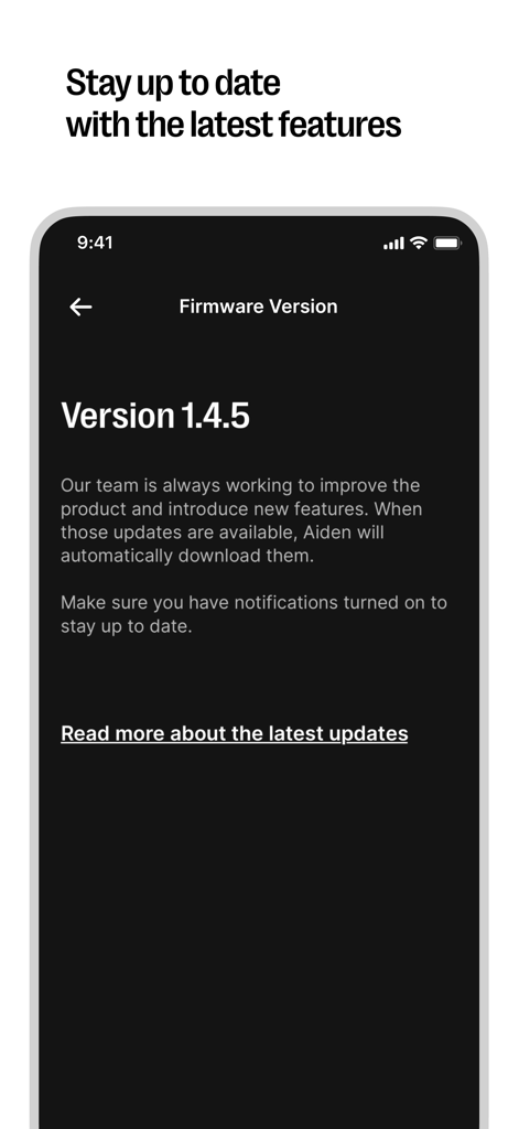 Fellow - Tela de versão de firmware do aplicativo Fellow mostrando a versão 1.4.5 e detalhes de atualização para a cafeteira Aiden.