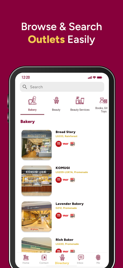 1 Utama SuperApp - Interface of the 1 Utama SuperApp showing the mall outlet directory with bakery listings and category filters