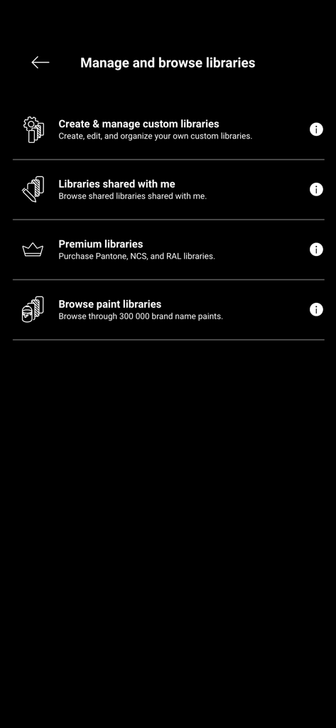 Nix Toolkit - Verwaltungsbildschirm in der Nix Toolkit App für benutzerdefinierte, gemeinsam genutzte und Premium-Farbbibliotheken.