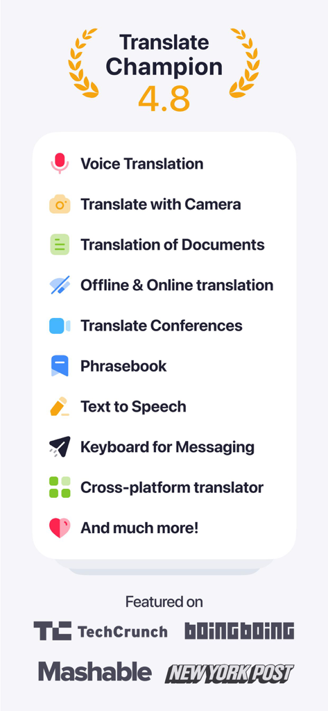 List of Lingvanex translator features including voice camera and offline translation with a 4.8 star rating