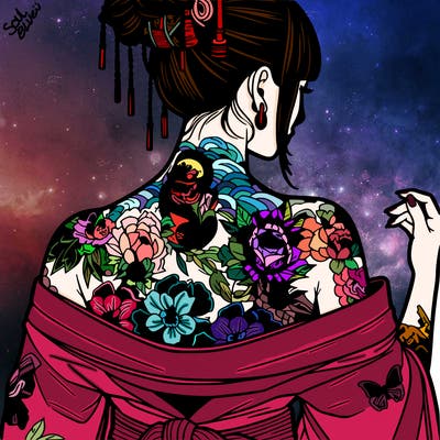 a realistic japanese woman covered in tattoos showing her back