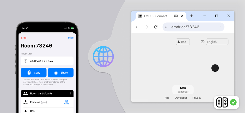 Interfaccia dell'app EMDR che mostra uno smartphone che trasmette stimolazione bilaterale a un browser web per sessioni di terapia remota.