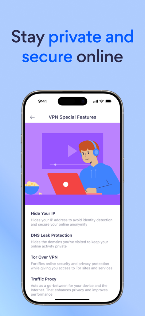 Betternet VPN app interface displaying special privacy features including Hide Your IP and DNS Leak Protection