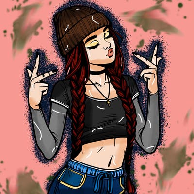 realistic teenage girl with braids and a beanie and crop top doing 🫶🏼