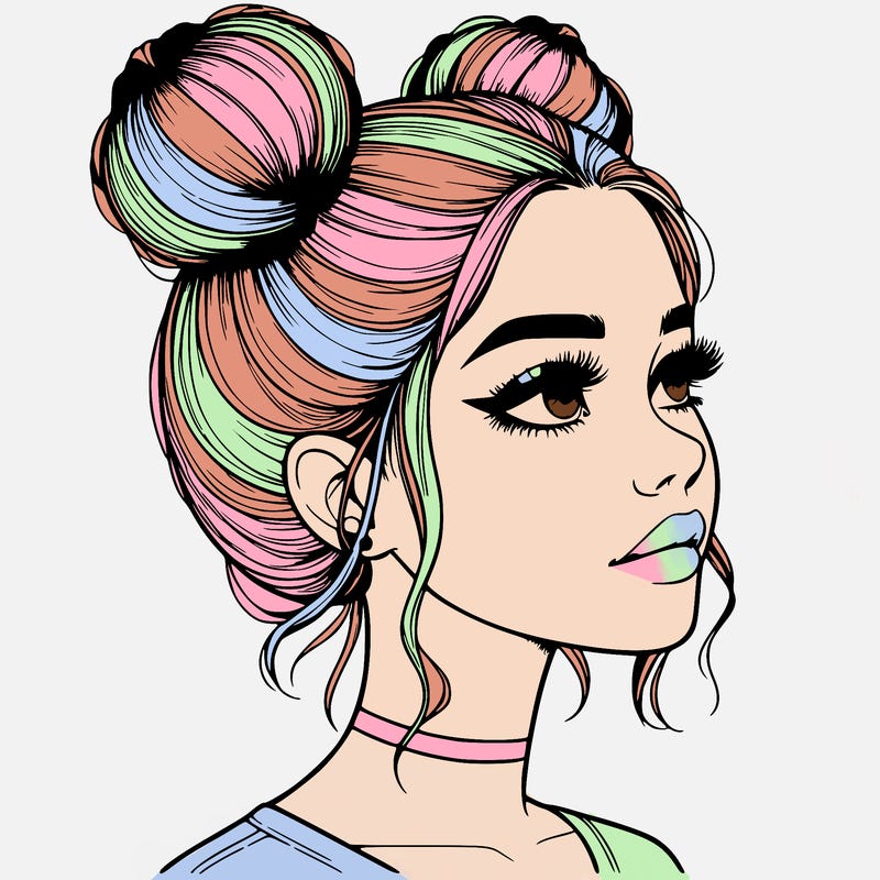 realistic girl with buns on the top of her head