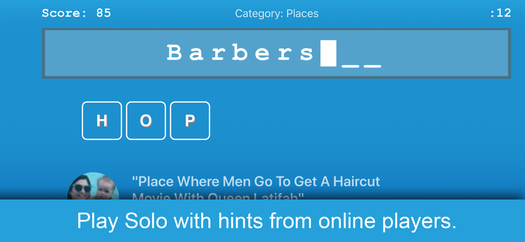 Phrase Party solo mode interface showing a word puzzle with letters and hints
