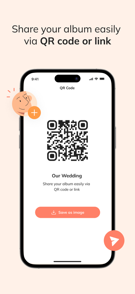 Interfaz de la aplicación Celebrate que muestra un código QR para compartir un álbum de fotos de bodas privado