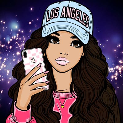 realistic beautiful girl wearing los ángeles cap holding an iphone
