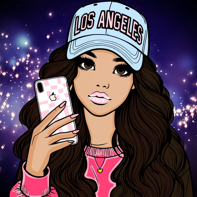 realistic beautiful girl wearing los ángeles cap holding an iphone