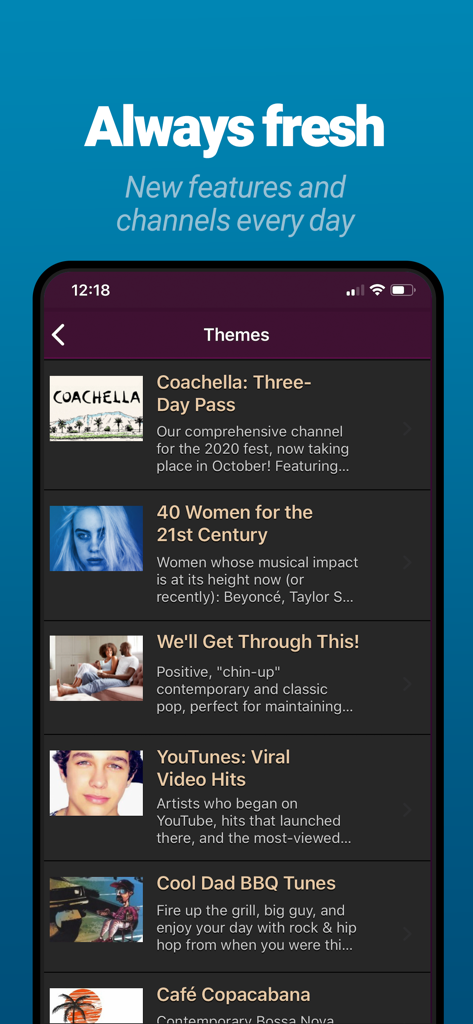 AccuRadio: Curated Music Radio - A list of curated music themes and channels on the AccuRadio mobile app interface.