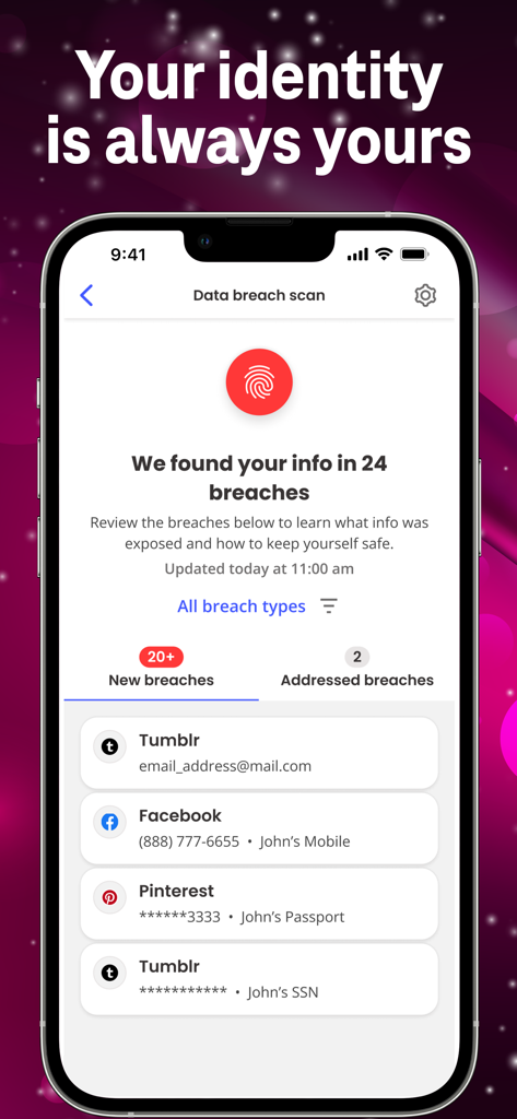 McAfee Security for T-Mobile - McAfee Security for T-Mobile app interface displaying a data breach scan report.