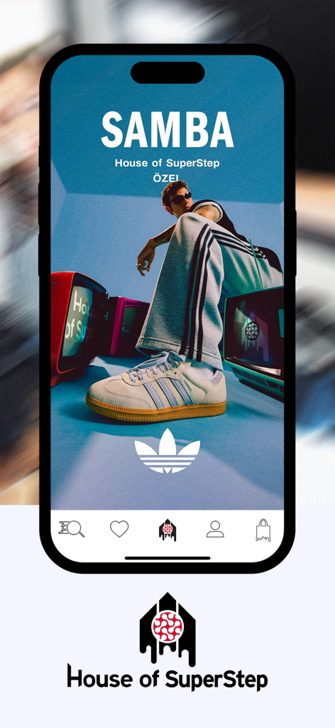House of SuperStep - 스트릿웨어 스타일링을 특징으로 하는 House of SuperStep 앱의 아디다스 삼바 스니커즈 프로모션 모바일 화면