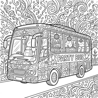 Get ready to party with this incredibly detailed adult coloring page featuring a lively party bus. Dive into a world of intricate designs, from disco balls to festive confetti, perfect for unwinding and creative expression.