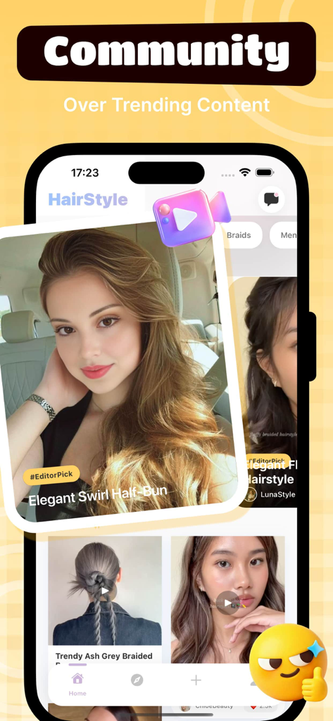 Peko - Video - Pantalla de la aplicación Peko que muestra videos de peinados de tendencia de la comunidad