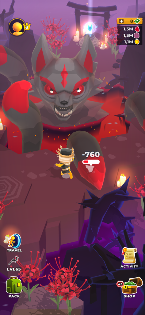 My Little Universe - Um personagem jogador lutando contra um chefe raposa gigante no jogo mobile Meu Pequeno Universo