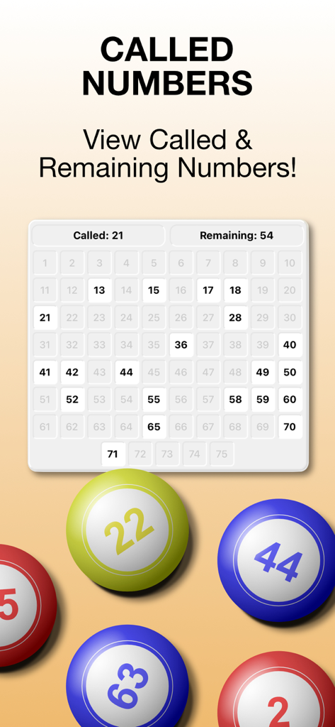 Bingo Go app interface displaying a grid of called and remaining numbers during a game.
