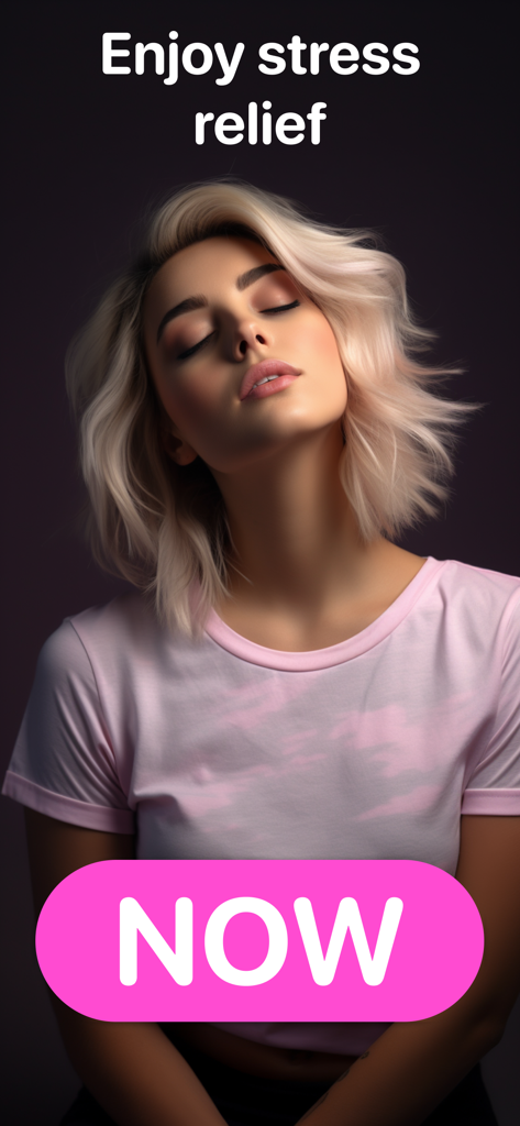 Une femme détendue, les yeux fermés, avec un texte indiquant Profitez d'un soulagement du stress avec un bouton rose