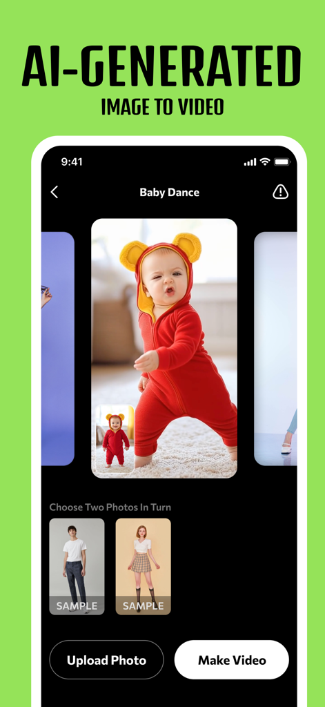 Interface of the Photo Dance app showing a baby photo being transformed into an AI-generated dancing video.