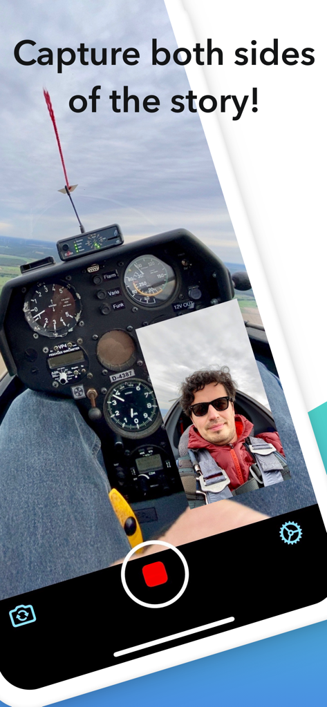 DuoCam app interface showing a multicam recording of a cockpit view and a pilot reaction simultaneously