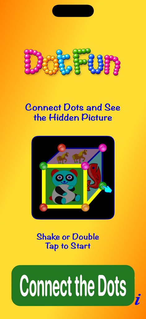 Dot Fun - Dot Fun app home screen with a large green button to start connecting dots and a colorful illustration of an animal cube.