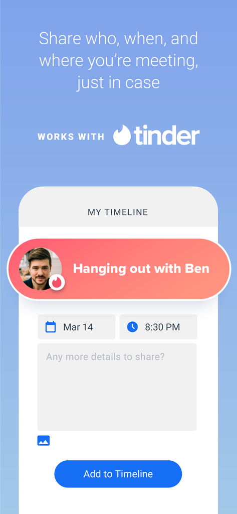 Noonlight app interface showing a Tinder integration feature where users can add date details like who, when, and where to their safety timeline.