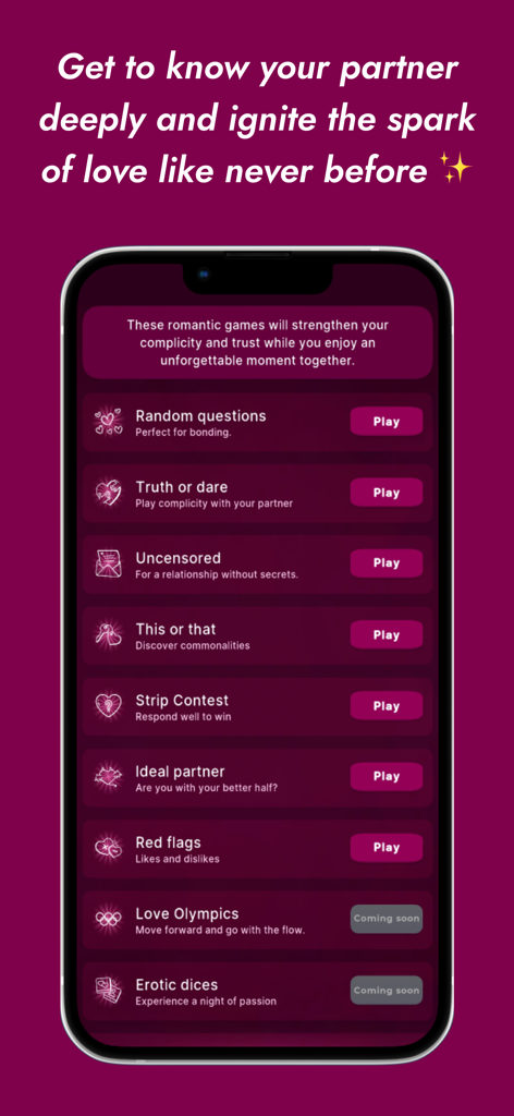 Game of Love (love & couples) - Menu do aplicativo Jogo do Amor exibindo vários modos de jogo para casais, como Verdade ou Desafio e Perguntas Aleatórias