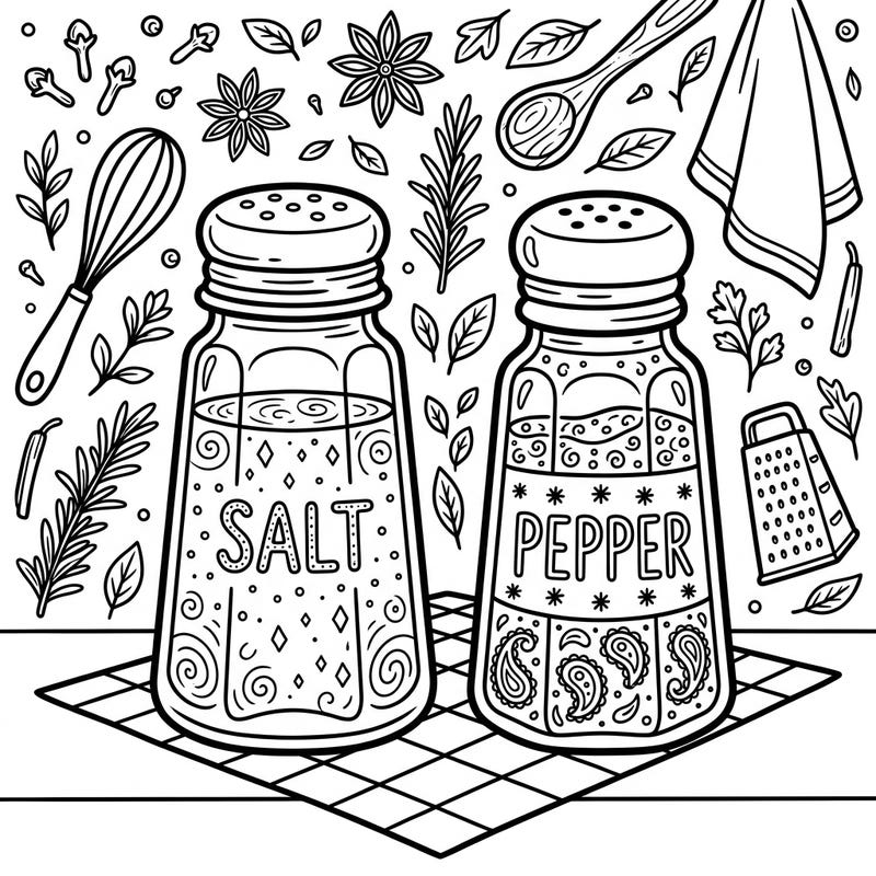 Dive into a delicious coloring adventure with our intricately designed salt and pepper shakers template. This fun kitchen scene is packed with delightful details, ready for your creative touch.