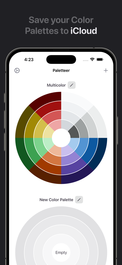 Paletteer Colors - Paletteer Colors app interface showing a multicolor palette wheel and iCloud sync feature on an iPhone