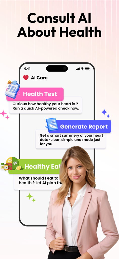BP & Heart Rate Monitor - Smartphone screen displaying AI health consultation features including health tests and reports