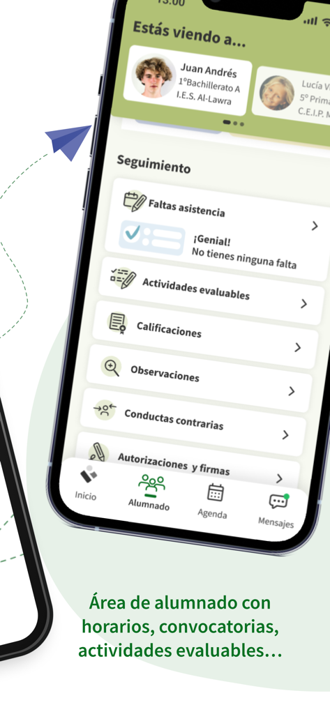 Interface of iPasen app showing student tracking and school reports